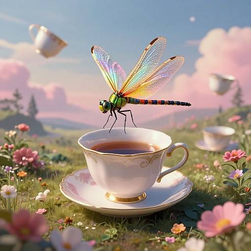 Photorealistic CGI of a colorful dragonfly perched on an ornate teacup, with pink flowers, floating teacups, and a