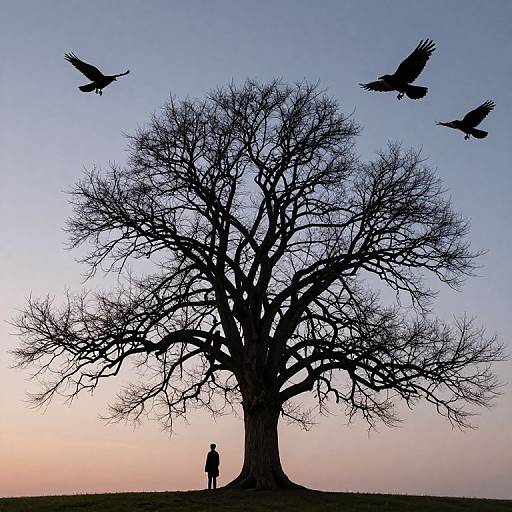 Silhouette photograph of a large leafless tree with three flying birds, and a person standing below at sunset.