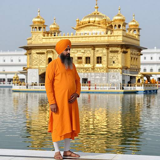 Photograph of a Sikh man with a long beard, orange turban, and long orange kurta, standing in front of the glistening Golden Temple