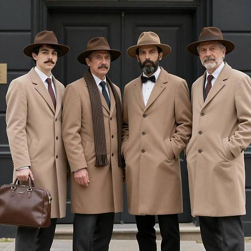 Four Men in Stylish Overcoats and Hats