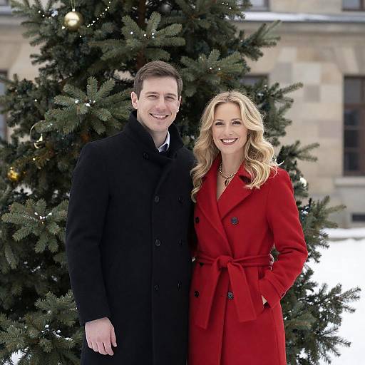 Smiling Couple in Front of Christmas Tree