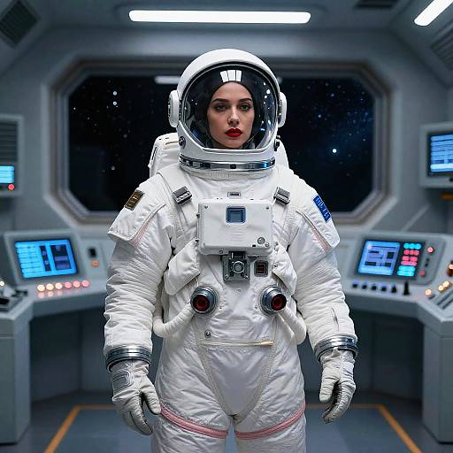 Female Astronaut in Futuristic Spacesuit on Spaceship