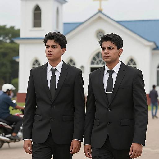 Two Men in Suits by White Church