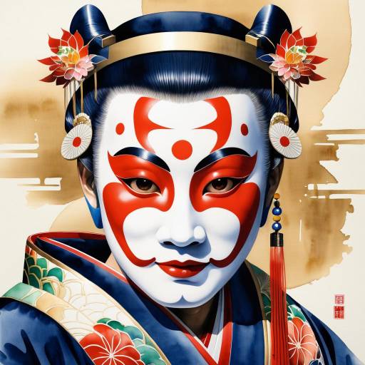 Traditional Japanese Noh Mask Portrait