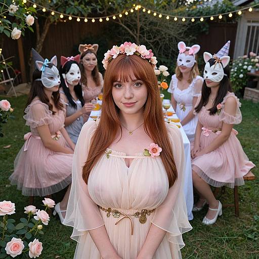 Photograph of five women with white masks and floral crowns, wearing pink and white dresses, sitting at a garden table with fairy lights and roses in