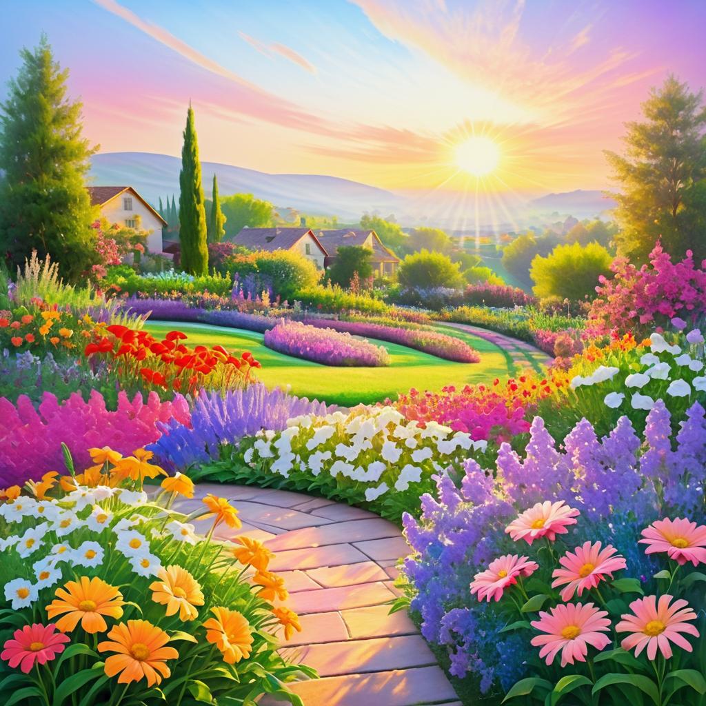 Vibrant Sunrise Over Flower Garden