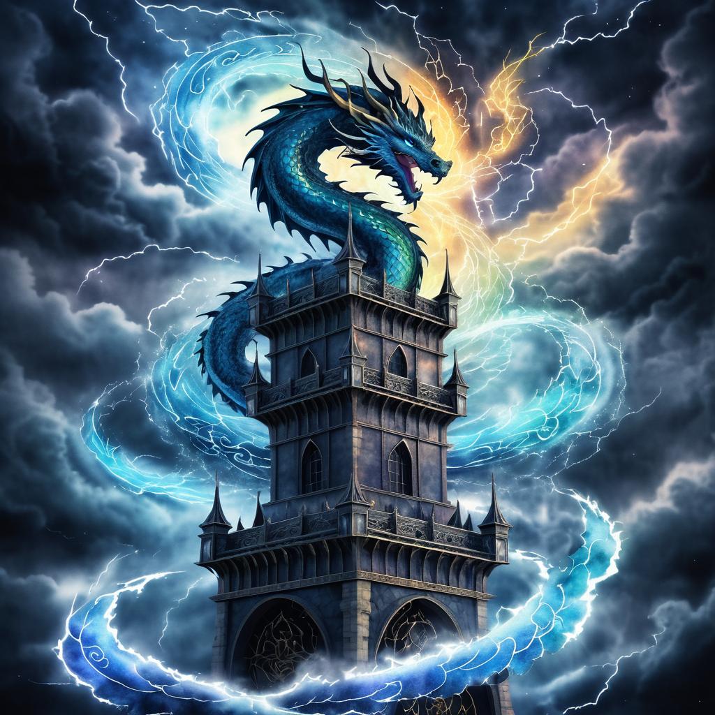 Ethereal Dragon Tower in Stormy Sky