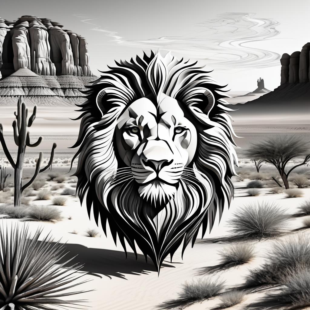 Surreal Lion Sketch with Desert Landscape