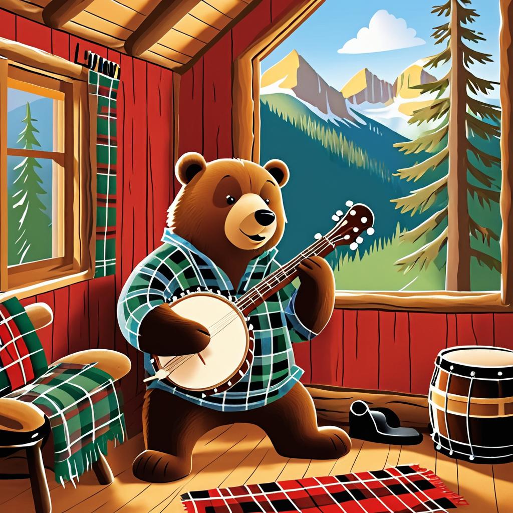 Bear Banjo Player in Mountain Cabin