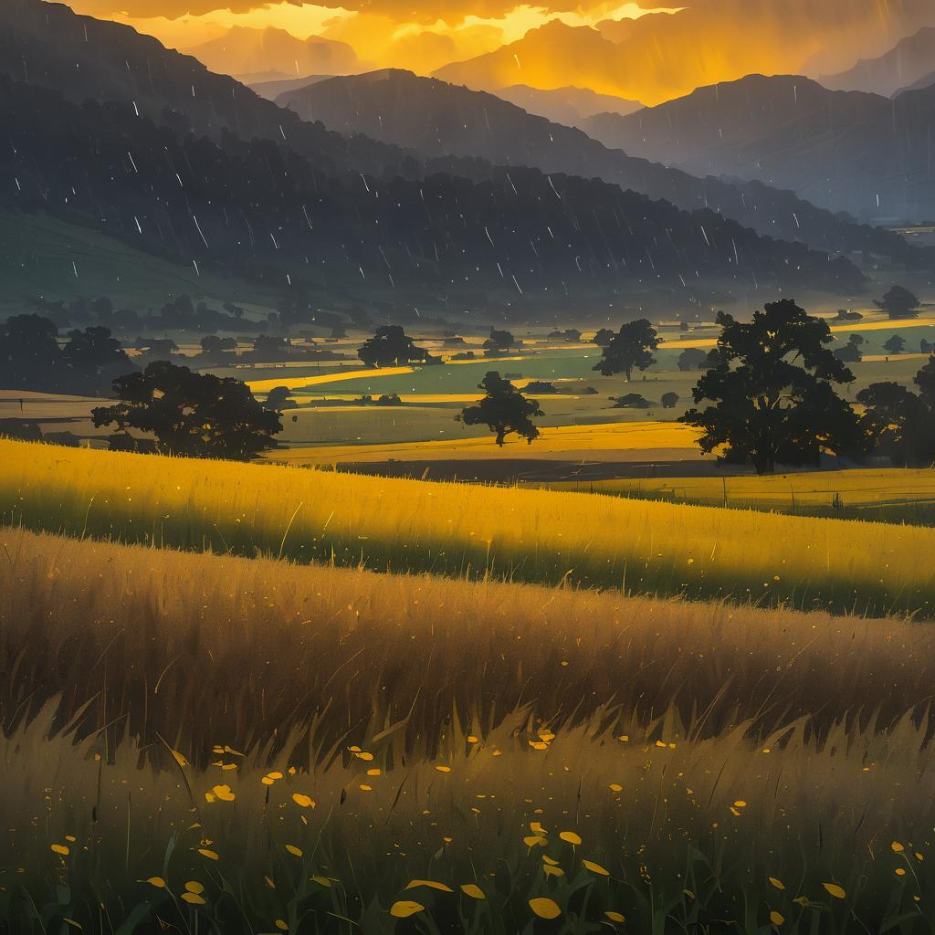 Golden Fields Under Rainy Highland Skies