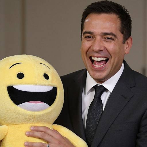 Photograph of a smiling man in a black suit and tie holding a yellow, smiling emoji plush toy. Background is blurred.