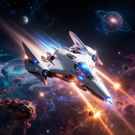 Digital art of a sleek, white, futuristic spaceship with blue lights, shooting bright orange beams, flying through a colorful, starry outer space with planets