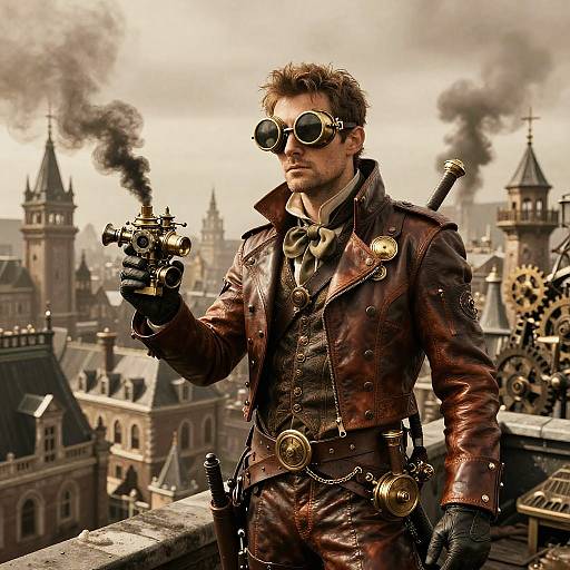 Steampunk adventurer in brown leather outfit with goggles, holding a brass gun, stands on a gothic city rooftop with smoke.