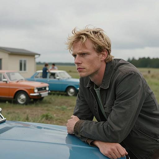 Intense Man Leaning on Vintage Car