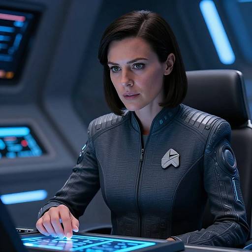 Photograph of a serious-looking brunette woman in a black, textured Starfleet uniform with an insignia, typing on a futuristic console in a dimly