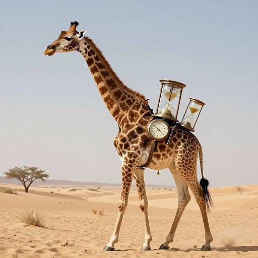 Photograph of a giraffe in a sunny desert, carrying two hourglasses and a clock on its back, with sparse sand dunes and a