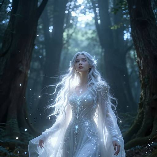 Photograph of a mystical woman with long white hair, glowing white dress, and ethereal light in a dark, enchanted forest.
