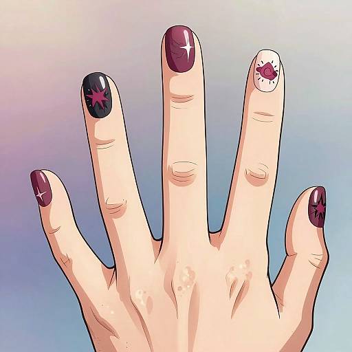 Digital illustration of a hand with five fingers, each nail painted dark purple with star patterns, against a gradient blue-purple background.