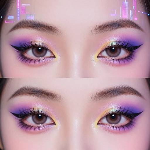 Close-up photograph of a woman's eyes with vibrant purple, blue, and yellow eyeshadow, thick black eyeliner, and long lashes, mirrored