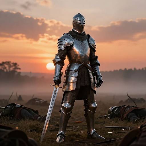 Photograph of a silver-armored knight standing with sword in hand at sunset, with fallen warriors in the misty field background.