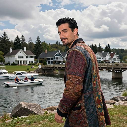 Photograph of a bearded man with dark hair wearing a colorful, patterned jacket, standing by a lake with white houses and boats in the background