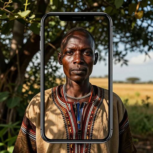 Photograph of a serious, dark-skinned African man wearing traditional, patterned beige and red attire, framed by a black rectangular border, set against