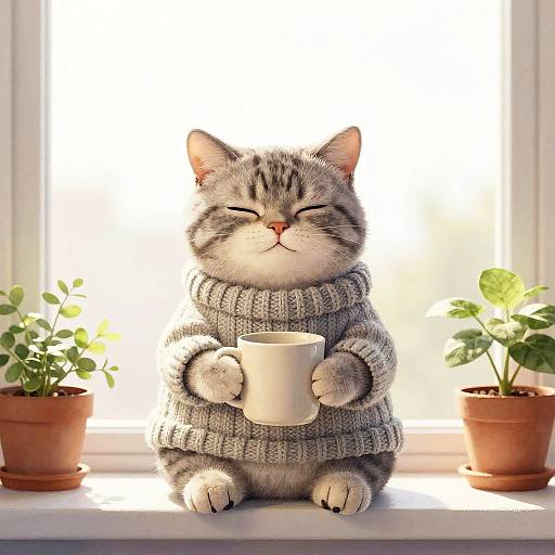 Cute gray tabby cat in a chunky knit sweater, holding a white mug, sitting on a sunlit windowsill with two potted plants