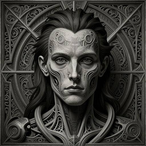 Digital black-and-white portrait of a stern-faced, long-haired figure with intricate tribal tattoos, ornate armor, and symmetrical geometric patterns in the background
