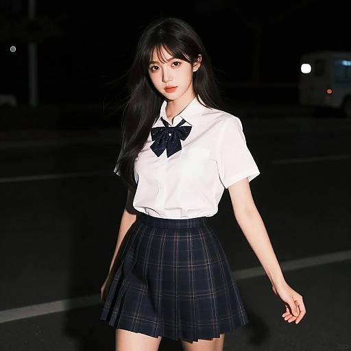 Young Woman in School Uniform at Night