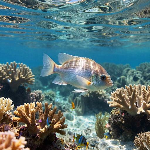 Photograph of a silver fish with yellow tail, swimming among colorful coral reefs and small fish in clear, sunlit ocean water.