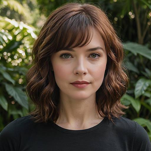 Portrait of woman with auburn waves in botanical garden