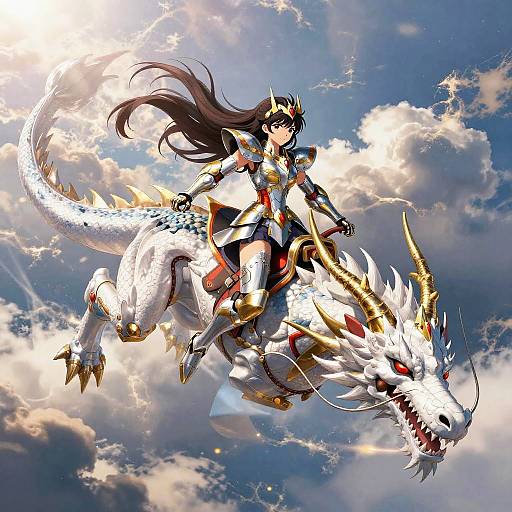 Digital anime-style artwork of a warrior woman with long black hair, armored in white and gold, riding a fierce white dragon with golden horns and red eyes