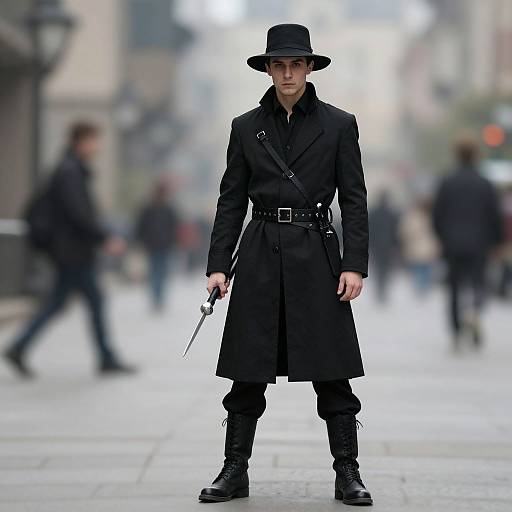 Photograph of a tall, slender man in a black trench coat, hat, and boots, holding a knife on a foggy city street, with