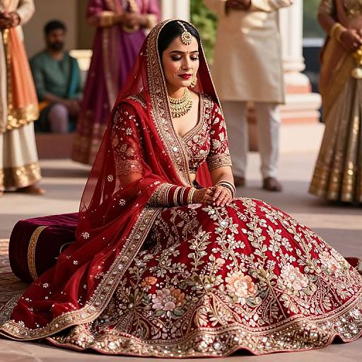 Photograph of a beautiful Indian bride in a rich red, ornately embroidered saree with gold jewelry, seated gracefully on a sunlit pavement, surrounded