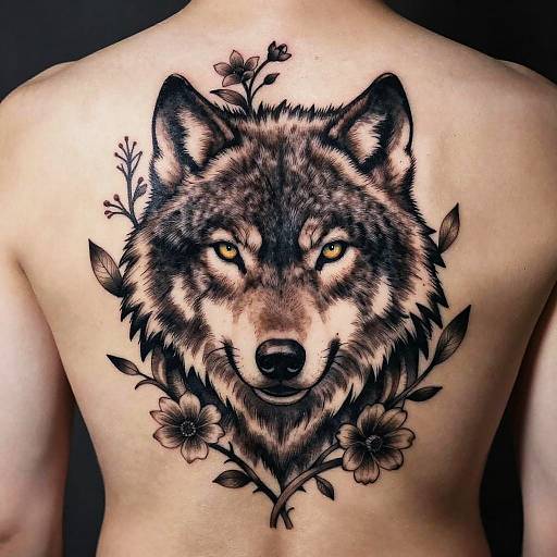 Realistic wolf tattoo on a bare back, featuring detailed fur, yellow eyes, and black floral accents, with dark background.