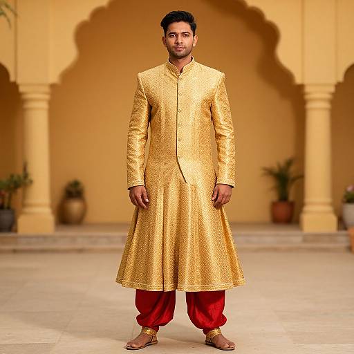 Photograph of a man in a gold, intricately patterned traditional long kurta, red pajama, and brown sandals, standing in a yellow