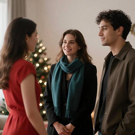 Three People Conversing by Christmas Lights