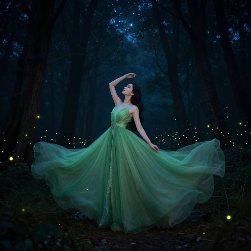 Photograph of a woman in a flowing, green, strapless gown, standing in a dark, enchanted forest with glowing fireflies.