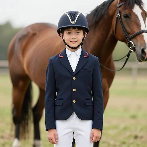 Photograph of young boy in equestrian attire, black helmet, navy blazer, white pants, standing in front of brown horse in pasture.