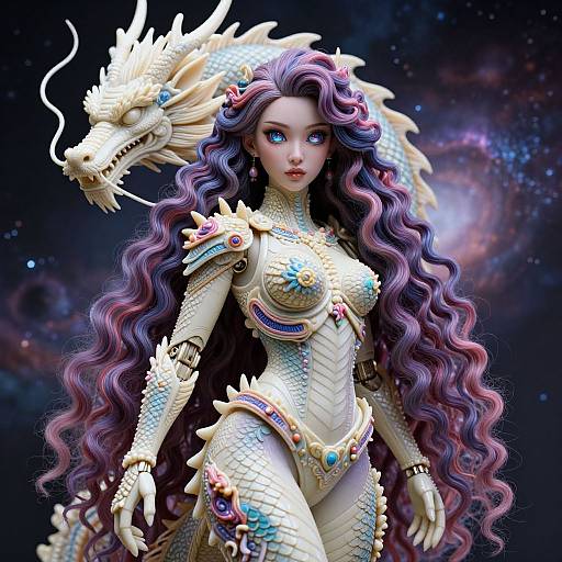 Digital art: Fantasy dragon-woman with long wavy purple hair, white scaly armor, blue eyes, and a white dragon head on her shoulder