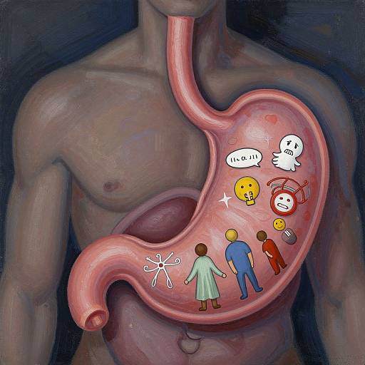 Digital artwork of a muscular, pink, heart-shaped organ on a gray-skinned torso, with cartoon people, icons, and symbols inside.