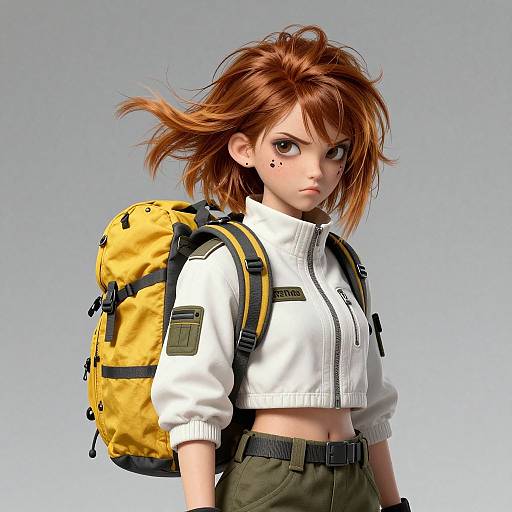 Digital artwork of a fierce, red-haired anime girl with spiky hair, wearing a white zip-up jacket, green pants, and a yellow backpack,