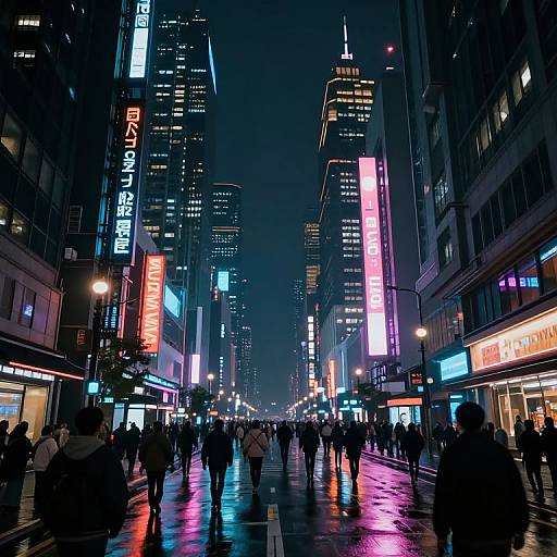 Photograph of a bustling, neon-lit urban street at night, with people walking on a wet, reflective sidewalk, surrounded by tall, illuminated skys