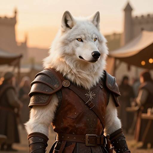 CGI digital art of a white wolf in medieval armor, standing in a bustling, sunlit market with blurred background and castle.