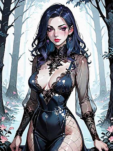 Dark Fantasy Woman in Black Lingerie in Foggy Forest