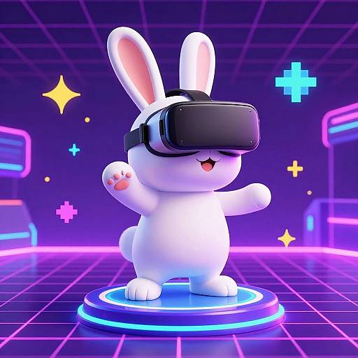 CGI image of a white, cartoon bunny wearing VR headset, standing on glowing blue platform in neon-lit, futuristic grid background.