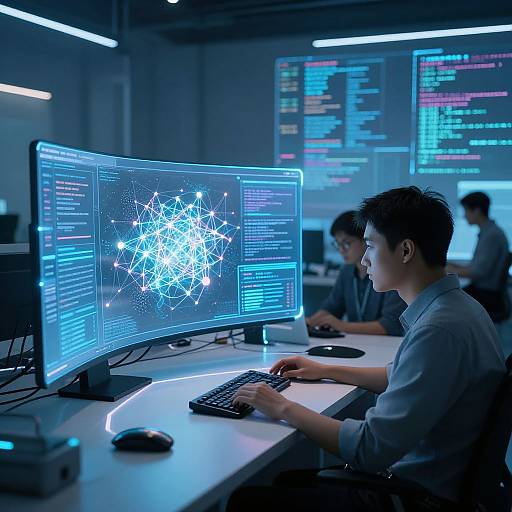 Photograph of a modern, dimly lit tech lab with a focused Asian male programmer, wearing a gray shirt, typing at a glowing blue-lit