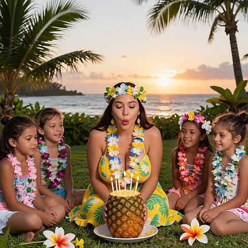 Photograph of five girls with floral leis, sitting on grass at sunset, celebrating with a pineapple cake and candles, tropical palm trees in background.