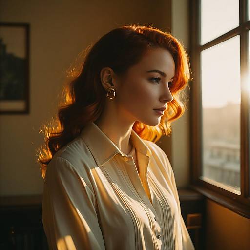 Redhead Woman in Silk Blouse at Sunset
