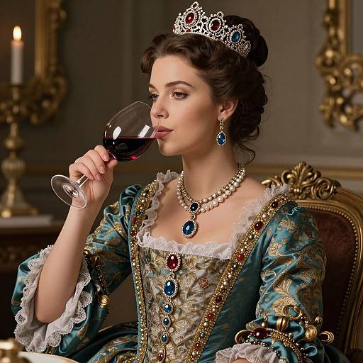 Photograph of a fair-skinned woman in an ornate blue and gold Renaissance dress, sipping red wine, wearing a diamond tiara and blue